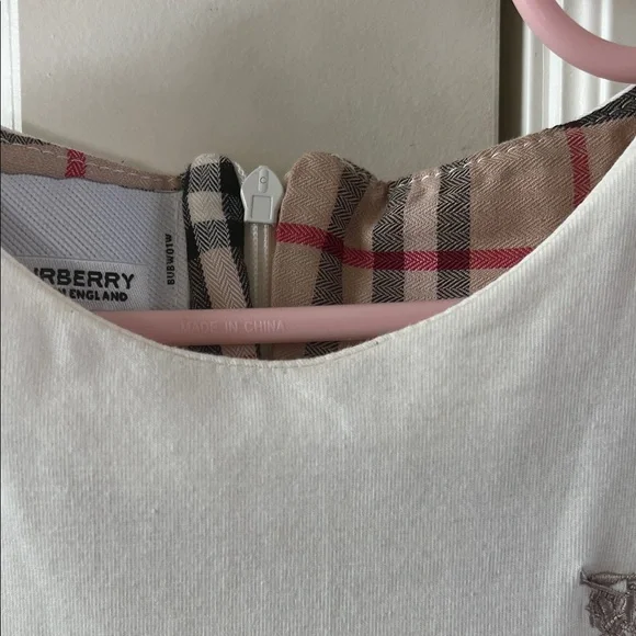 Burberry White and Navy Kids Dress with Plaid Detail